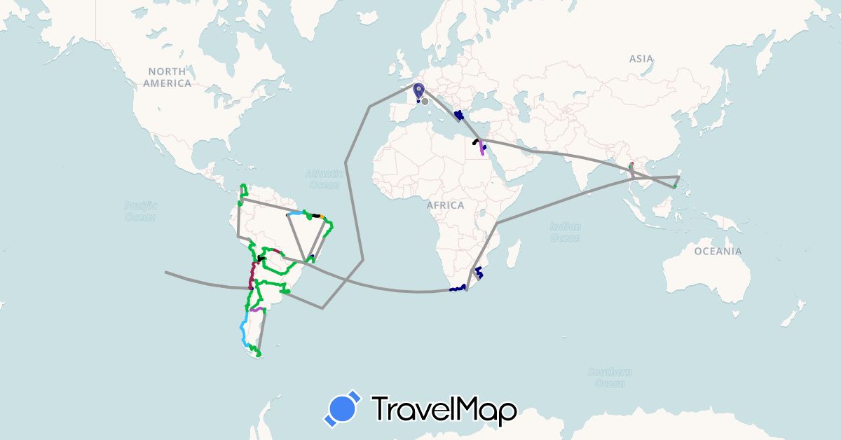 TravelMap itinerary: driving, bus, plane, train, boat, tuk tuk, van, doblo 7places... avec barres de toit gonflables!!!, pickup in United Arab Emirates, Argentina, Bolivia, Brazil, Chile, Colombia, Egypt, France, Greece, Peru, Philippines, Thailand, Tanzania, Uruguay, South Africa (Africa, Asia, Europe, South America)